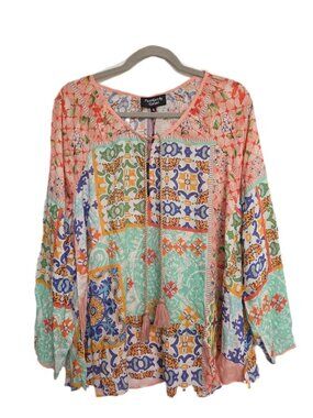 NWT Feathers by Tolani Printed Embroidered Blouse Peasant Tassels XL